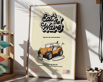 Póster de surf de buggy de dunas Eat The Wave, arte playero retro, arte mural de coches de los años 60