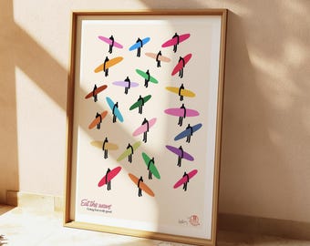 Retro Surf Art Print: Colorful Surfers, Beach House Decor