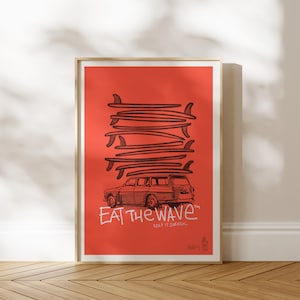 Roter Surf Wagon Kunstdruck: Vintage Surfing Poster