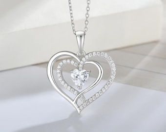 Sterling Silber Herz Anhänger Halskette: AAA Zirkonia, Geschenkbox