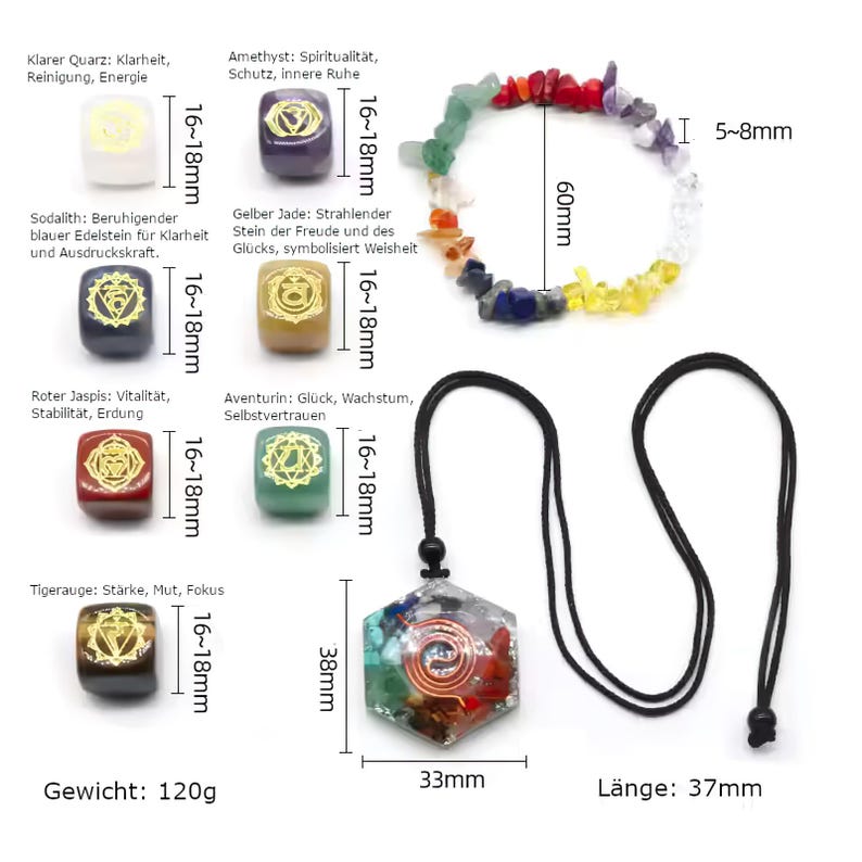 K&ouml;nnte beinhalten: Sieben Chakra-Steine in verschiedenen Farben, darunter klar, lila, gr&uuml;n, gelb, rot und schwarz, mit goldenen Symbolen. Die Steine sind in einer Reihe angeordnet, mit den Worten "Klarer Quarz", "Amethyst", "Gelber Jade", "Roter Jaspis", "Aventurin" und "Tigerauge" dar&uuml;ber geschrieben. Die Steine sind 16-18 mm gro&szlig;. Eine schwarze Schnurkette mit einem sechseckigen Anh&auml;nger, der eine Spirale aus sieben Chakra-Steinen zeigt, ist ebenfalls abgebildet. Der Anh&auml;nger ist 33 mm breit und 38 mm hoch. Die Kette ist 37 cm lang. Ein Armband aus kleinen Chakra-Steinen ist ebenfalls abgebildet. Das Armband hat einen Durchmesser von 60 mm und die Steine sind 5-8 mm gro&szlig;.
