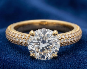 2.00 ct runder Diamantring – 14K Gelbgold – Pave Band Solitär – zierlicher Luxusring – klassischer Brautschmuck Geschenk für Sie