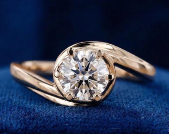 1.50Ct Twist Diamantring, 14K Gelbgold Solitärring, Diamant im Rundschliff, Versprechensring, minimalistischer Brautring