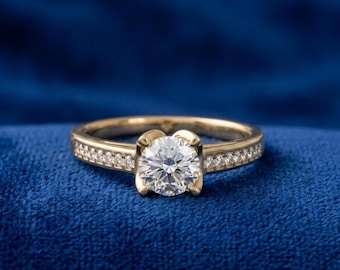 Runder Diamant-Verlobungsring 1.50 KT – 14K Gelbgold – Klassischer Solitär mit Pavé-Band – Zierlicher Goldring – Minimalistischer Brautschmuck