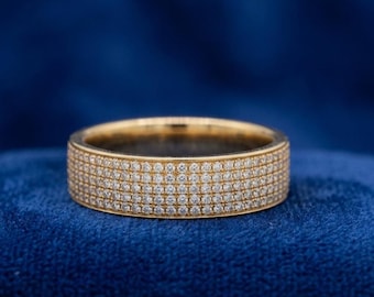 14K Gelbgold Pavé Diamant Bandring | Mehrreihiger Diamant Ring | Luxus breites Diamantband | Statement-Ehering für Damen