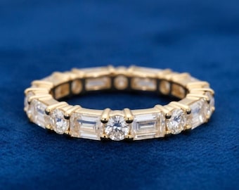 Smaragd und Rundschliff Diamant Eternity Band - Gold Ehering - Vintage inspirierte voller Eternity Ring - Jubiläumsgeschenk für Sie