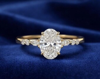 1,50 Ct oval Diamantring, Gold Solitärring mit seitlichen Diamanten, minimalistischer Ring im Ovalschliff, zierlicher Brautring, Versprechen Ringgeschenk