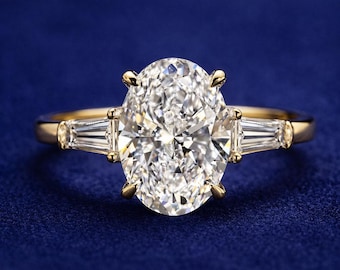2Ct Diamantring im Ovalschliff, 14K Gelbgold Solitärring mit Baguette-Seitensteinen, klassischer Dreistein-Brautring, Luxus-Antragsring