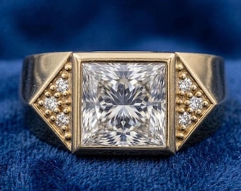 Herren Diamantring im Princess Cut – 14K Gelbgold – Quadratischer Ring mit Bezel Fassung – Vintage Inspirierter Statementring – Einzigartiger Ehering für Ihn