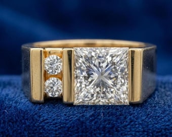 2.00 CT Diamant im Princess Cut Herrenring – 585er Gelbgold – Moderner Kanalakzentring – Statement-Ring – Ehering für Ihn