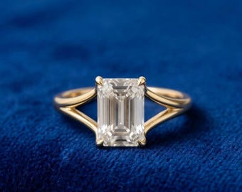 2Ct Diamant im Smaragdschliff, Solitärring, minimalistischer Verlobungsring, eleganter Ring mit geteilter Schaftschiene, moderner Brautring