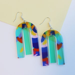 Printed Modern Acrylic Earrings | Bright Bold Coloured Printed Acrylic Dangly Earrings | Abstract Design Colourful Earing Set | Statement