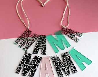 Leopard Print Mama Necklace | New Mama Coloured Necklace | Mother's Day Gift | Handmade Acrylic Statement Jewellery| Bold Name Necklace