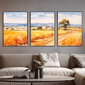 Set of 3 Golden Fields Watercolor Landscape Paintings | ALENTEJO | Digital Printable Wall Art