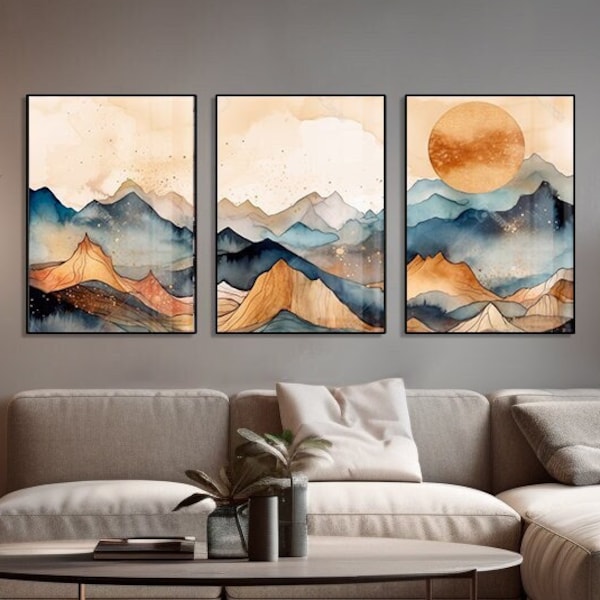 Set of 3 Majestic Mountains Watercolor with Golden Line Art | Digital Printable Wall Art