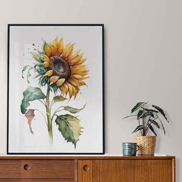 Serene Sunflower: Watercolor Painting of a Vibrant and Joyful Flower | Digital Wall Art Print