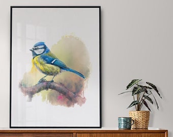 Pintura de acuarela de un pájaro Bluetit en su hábitat natural / cartel de ilustración para amantes de las aves / Impresión de arte de pared digital