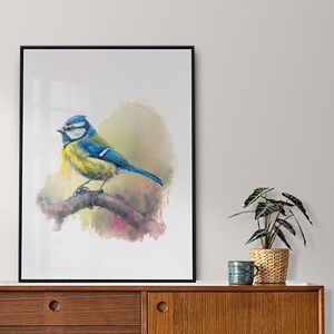 Watercolor Painting of a Bluetit Bird in its Natural Habitat | illustration Poster for bird Lovers | Digital Wall Art Print