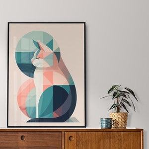Modern Minimalist Cat Art Relax | Geometric Shapes and Pastel Colors illustration Poster for Cat Lovers | Digital Wall Art Print