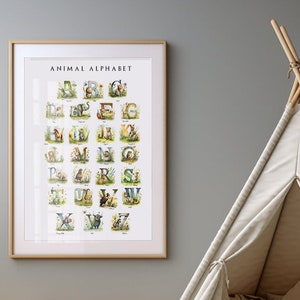 ABC Animal Alphabet Printable Poster. A-Z watercolor cute illustrations | Digital Kids Wall Art Print