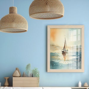 Ruhe Aquarell Illustration von Booten mit Reflexionen auf einem ruhigen blauen Meer | Digitaler Wandkunst Druck