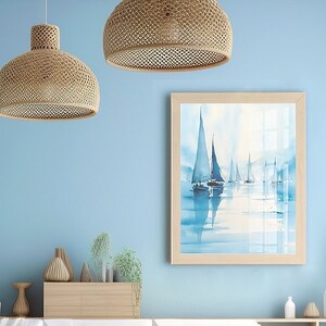Ruhe Aquarell Illustration von Booten mit Reflexionen auf einem ruhigen blauen Meer | Digitaler Wandkunst Druck