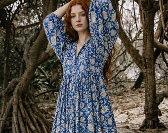 Hand Block Print Cotton Maxi Dress | Blue Floral Boho Tiered Summer Festival Dress