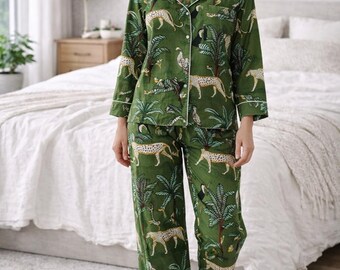 Handmade Animal Print Cotton Pajama Set, Indian PJs, Loose Fit, Tropical Print, Resort Wear