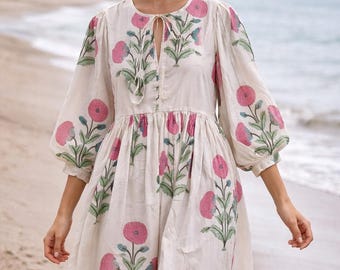Floral Block Print Midi Dress, Bohemian Cotton Summer Dress
