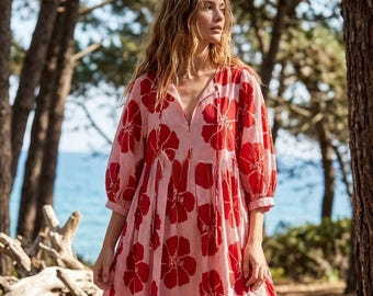 Red Hibiscus Cotton Midi Dress | Artisan Block Print Boho Resort Wear