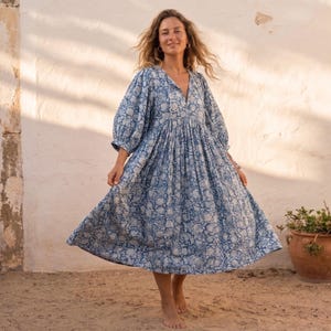 Artisan Block Print Cotton Dress, Boho Floral Resort Wear, Indian Lightweight Mini/Midi/Maxi image 2