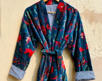 Luxury Jungle Print Velvet Robe: Handmade Warm Winter Kimono