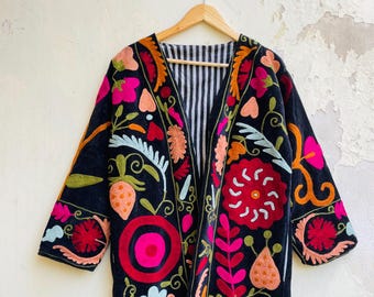 Hand-Embroidered Velvet Suzani Jacket – Indian Boho Coat