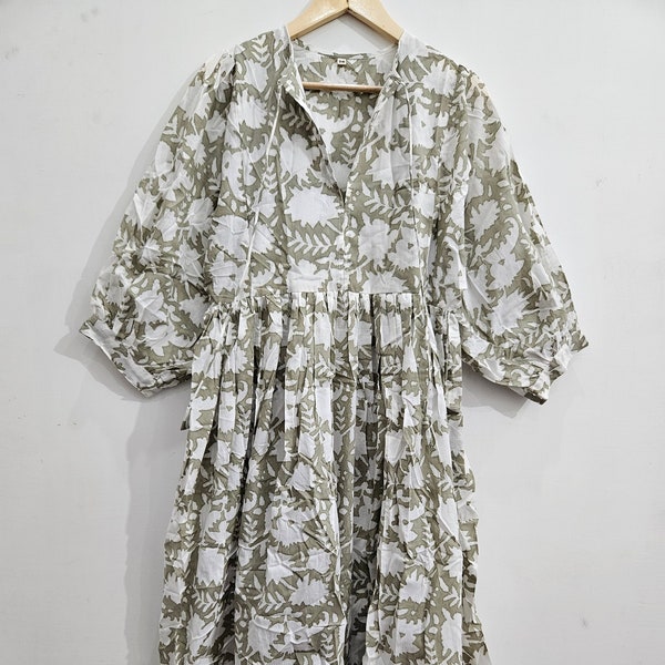 Floral Long Block Print Dress, Deep Neck with string closer, Cotton Long Gown, Hand Block Printed dress
