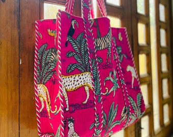 Block Print Quilted Cotton Tote Bag, Large Travel Grocery Bag