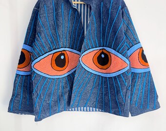 Hand-Embroidered Denim Boho Jacket, Suzani Art Coat, Bohemian Style, Winter Fashion