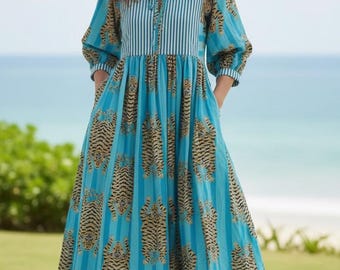 Tibetan Tiger Block Print Midi Dress, Striped Deep Neck Bohemian Summer Style