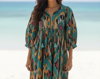 Vestido midi de algodón ikat floral – Minivestido de verano con estampado de bloques