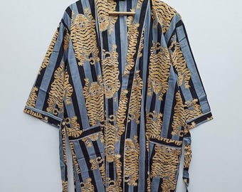Cotton Kimono Robe Dressing Gown, Block Print Bridesmaid Robe, Summer Nightwear, One Size