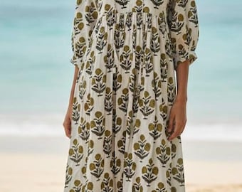 Floral Block Print Baumwollkleid, Boho Midi Mini Kleid