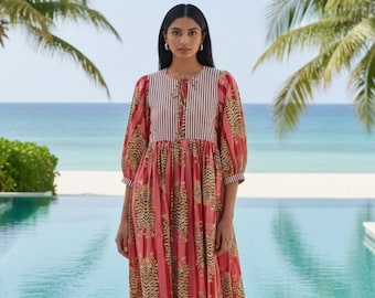 Red Stripe Tiger Print Midi Dress, Block Print, Deep Neck