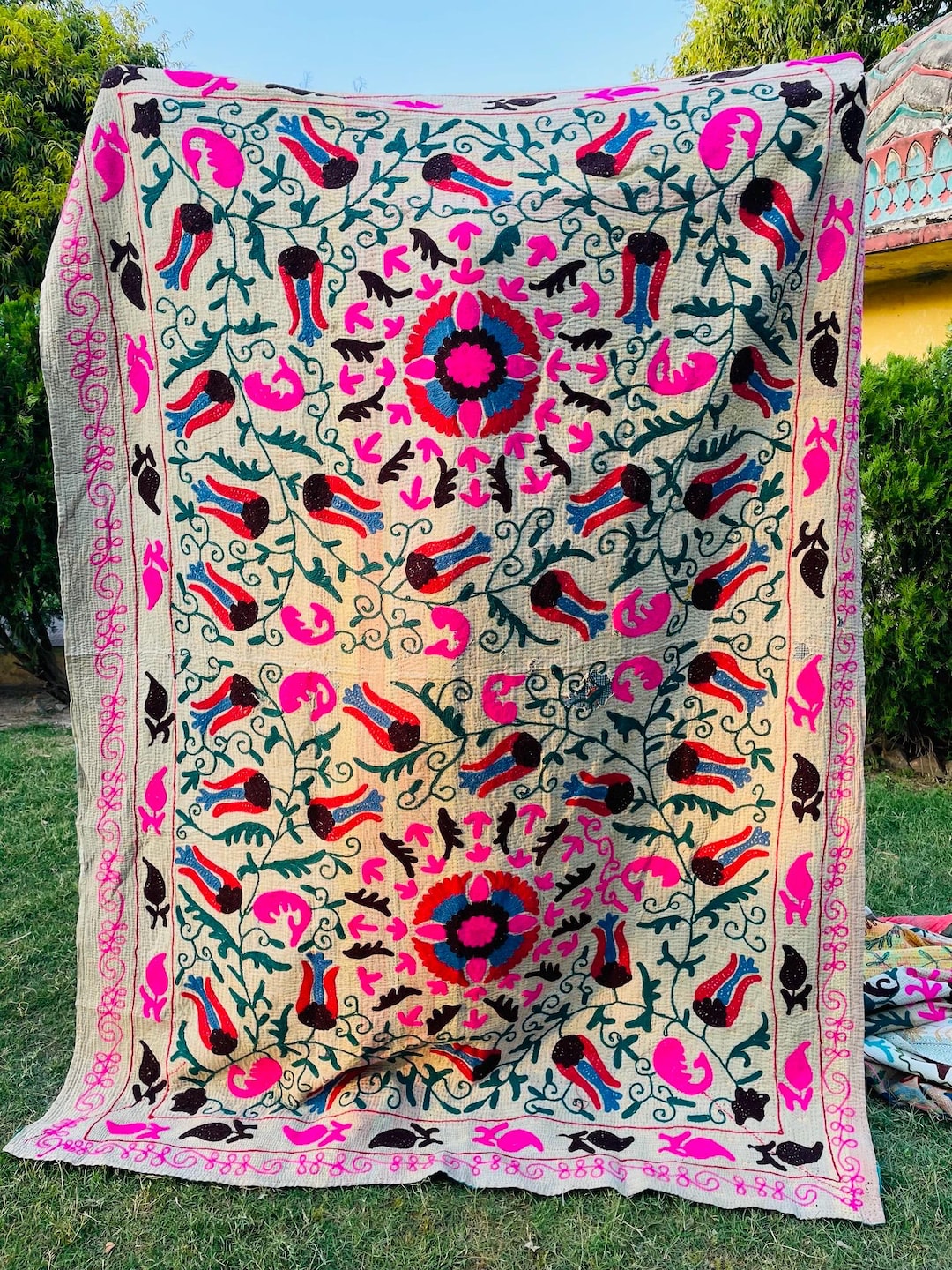 Hand Embroidered Suzani Tapestry, Vintage Kantha Quilt, Floral Wall