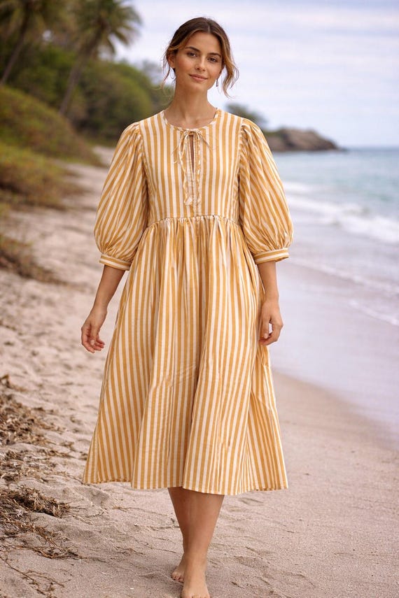 Yellow Stripe Block Print Dress, Deep Neck Midi Mini Dress - Etsy Yellow Stripe Block Print Dress, Deep Neck Midi Mini Dress - Etsy