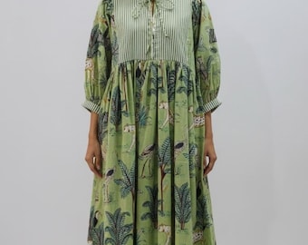 green tiger dress Print Women's Cotton Midi Dress, Animal Print Dress, Boho Summer Dress, Casual Women's Dress, Handmade Indian metallic dress womens