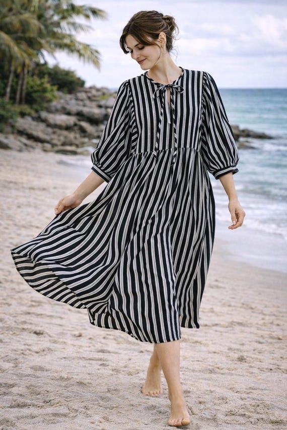 Black Stripe Block Print Midi Dress, Deep Neck Mini Dress