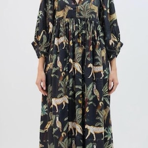 Animal Print Midikleid, handgemachter Block Print, tiefer Halsausschnitt