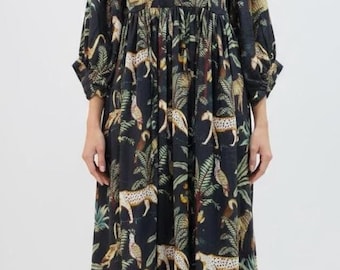 Midi-jurk met dierenprint, handgemaakte blokprint, diepe hals