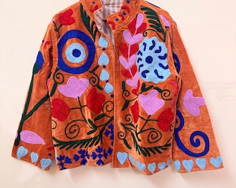 Hand-Embroidered Suzani Denim Jacket, Maroon Velvet Boho Coat