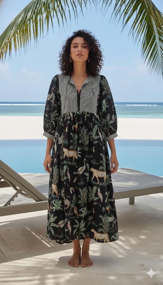Tibetan Tiger Block Print Dress, Deep Neck Midi Dress - Etsy Israel