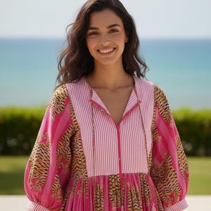 Rosa Streifen Tiger Print Kleid, Boho Midi Mini Kleid